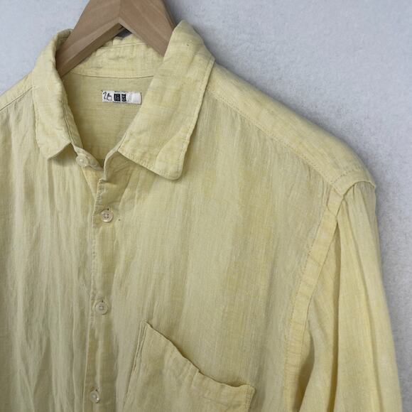 UNIQLO Shirt Mens L 100% Premium Linen Lightweight Button Up Long Sleeve Yellow - Picture 6 of 13